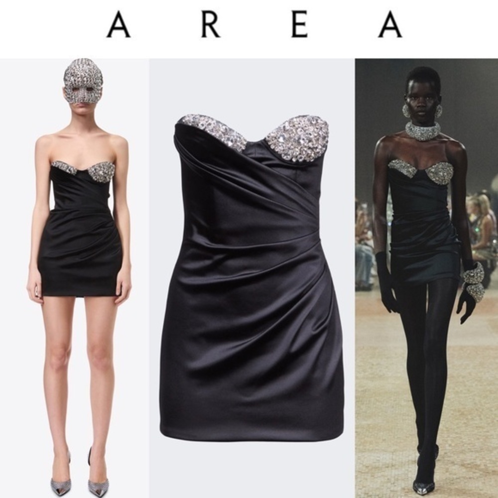 AREA EMBROIDERED CRYSTAL CUP DRAPED MINI BLACK DRESS sz 2 NWT